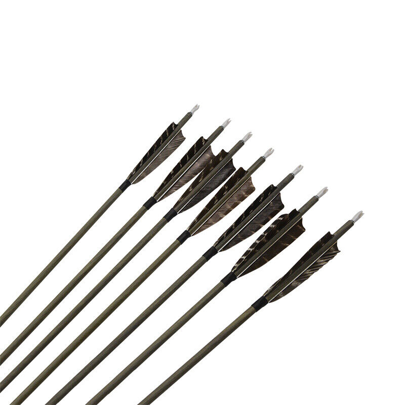 12pcs 30" Archery Pure Carbon Arrows SP350 Wood Skin Shaft Feathers Bow Target Hunting